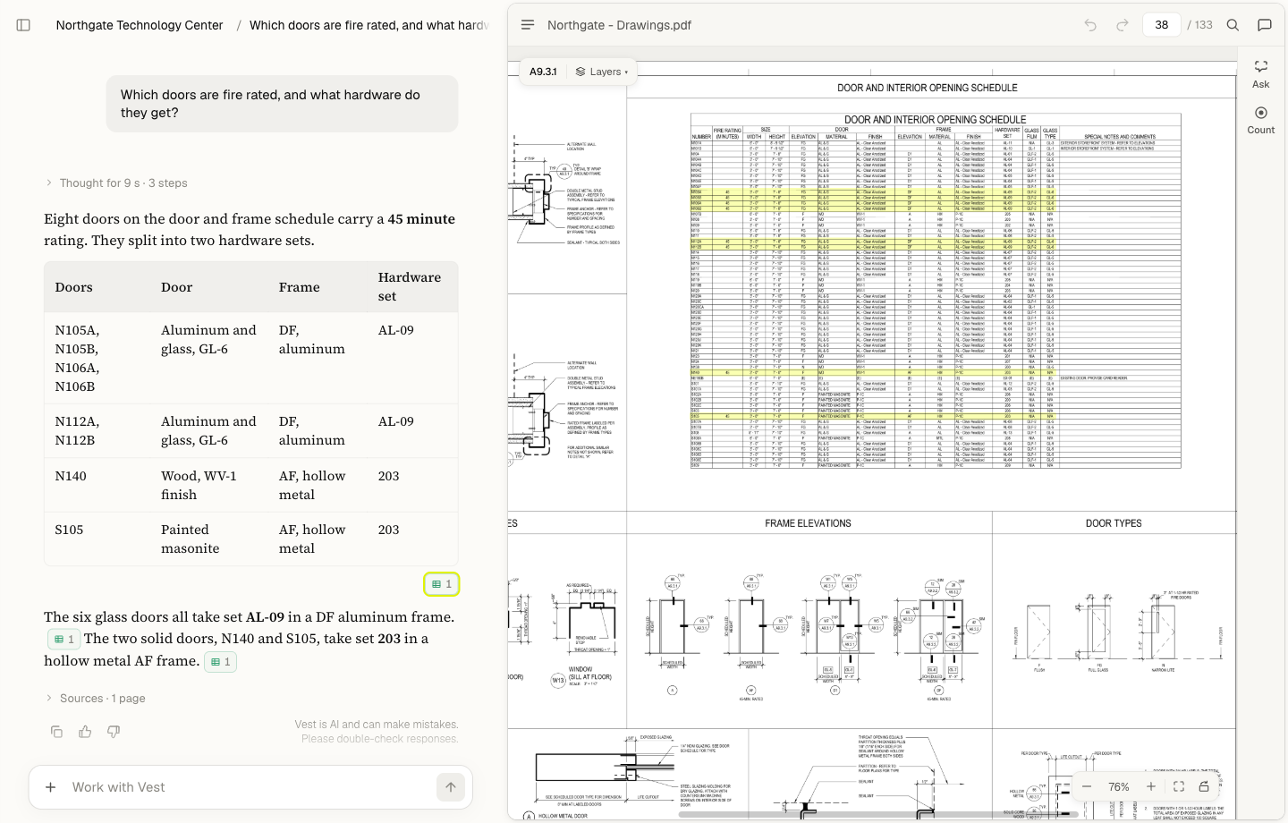 The Vest app answering which doors are fire rated: a cited answer with a table on the left, and the door schedule open on sheet A9.3.1 with the cited rows highlighted
